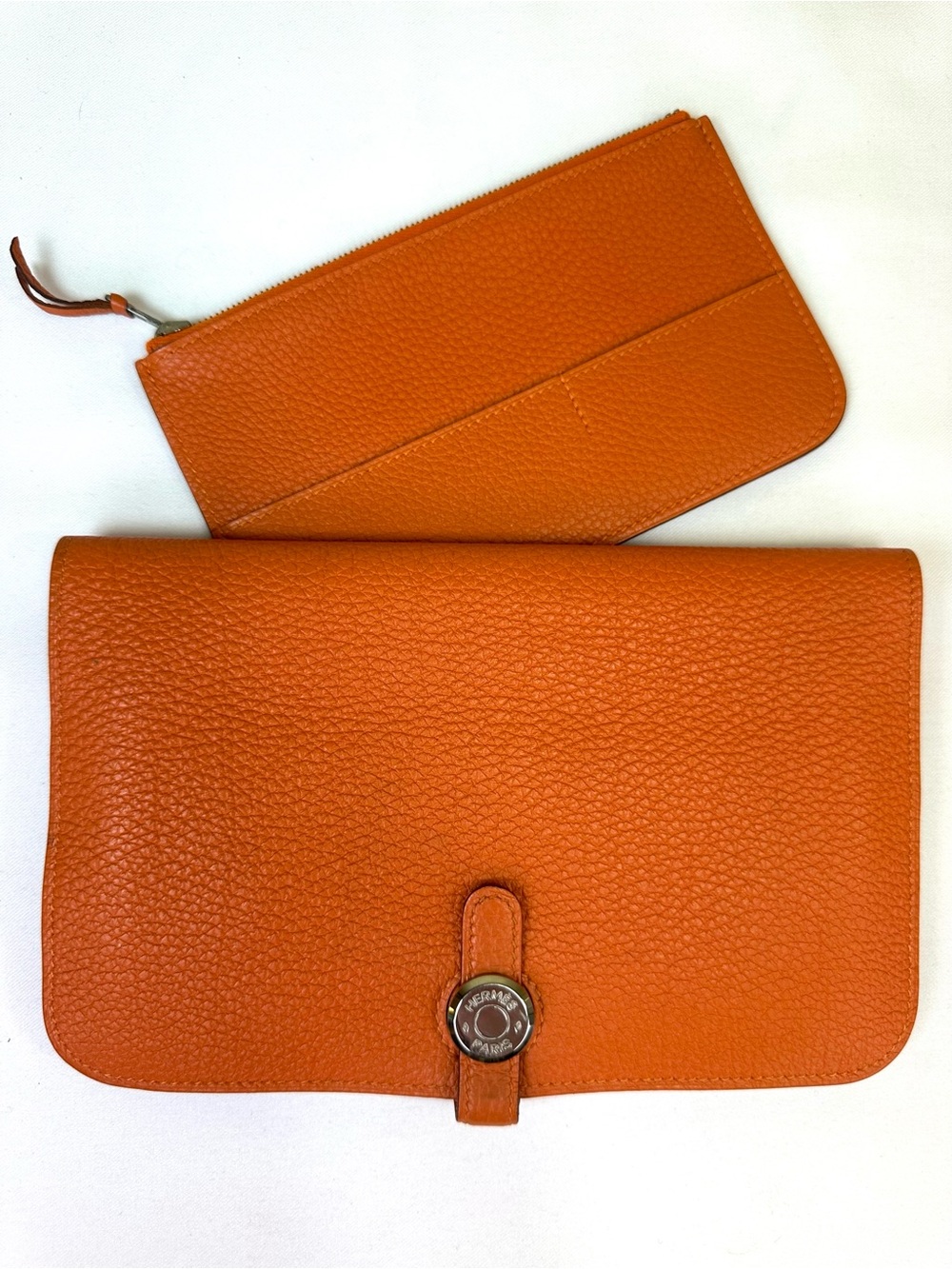 Hermes Dogon Duo Wallet Clutch Orange Togo Calfskin Palladium HDW fits Phone COA